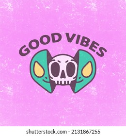 Two half of alien head with skull face inside. Illustration for t shirt, poster, logo, sticker, or apparel merchandise.