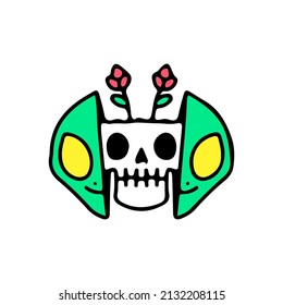 Two half of alien head with skull face and roses inside. Illustration for street wear, t shirt, poster, logo, sticker, or apparel merchandise. Retro and pop art style.