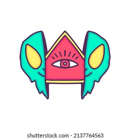 Two half of alien head with triangle and one eye inside, illustration for t-shirt, street wear, sticker, or apparel merchandise. With doodle, retro, and cartoon style.