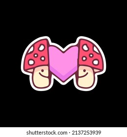 Two half of amanita mushroom with heart inside, illustration for t-shirt, street wear, sticker, or apparel merchandise. With doodle, retro, and cartoon style.