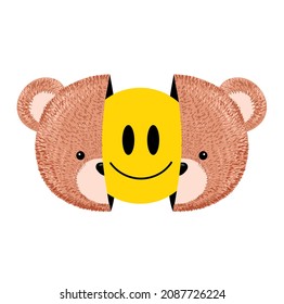 Two half bear toy head with smiley smile face inside print for t-shirt. Vector cartoon kawaii hand drawn character illustration.Cute happy teddy bear,kawaii print for t-shirt,logo,poster art concept