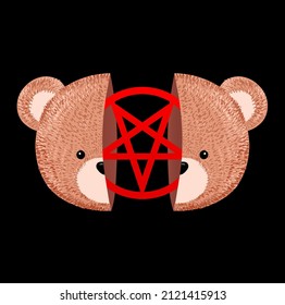 Two half bear toy head with pentagram inside print for t-shirt. Vector cartoon kawaii hand drawn character illustration.Cute happy bear,satanic,devil,evil print for t-shirt,logo,poster art concept