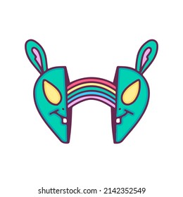 Two half of bunny alien head with rainbow inside, illustration for t-shirt, street wear, sticker, or apparel merchandise. With doodle, retro, and cartoon style.