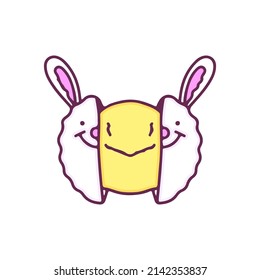 Two half of bunny head with smile face inside, illustration for t-shirt, street wear, sticker, or apparel merchandise. With doodle, retro, and cartoon style.