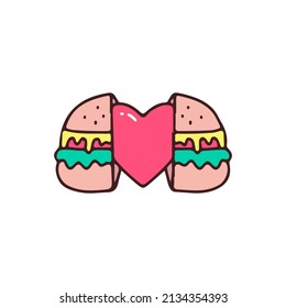 Two half of Burger with heart inside, illustration for t-shirt, street wear, sticker, or apparel merchandise. With doodle, retro, and cartoon style.