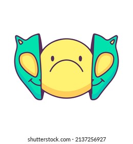 Two half of cat alien head with sad face inside, illustration for t-shirt, street wear, sticker, or apparel merchandise. With doodle, retro, and cartoon style.