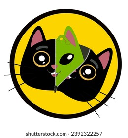 Two half of cat head with alien face inside, illustration for t-shirt, street wear, sticker, or apparel merchandise. With doodle, retro, and cartoon style.