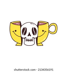 Two half of Cup of coffee with skull head inside, illustration for t-shirt, street wear, sticker, or apparel merchandise. With doodle, retro, and cartoon style.