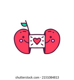 Two half of cute apple with love sign inside, street wear, sticker, or apparel merchandise. With doodle, retro, and cartoon style.