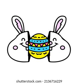 Two half of cute bunny head with Easter egg inside, illustration for t-shirt, street wear, sticker, or apparel merchandise. With doodle, retro, and cartoon style.