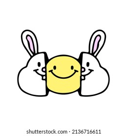 Two half of cute bunny head with smile face inside, illustration for t-shirt, street wear, sticker, or apparel merchandise. With doodle, retro, and cartoon style.