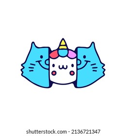 Two half of Cute cat head with unicorn head inside, illustration for t-shirt, street wear, sticker, or apparel merchandise. With doodle, retro, and cartoon style.