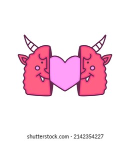 Two half of cute devil head with heart inside, illustration for t-shirt, street wear, sticker, or apparel merchandise. With doodle, retro, and cartoon style.