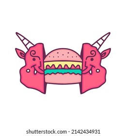 Two half of cute red evil head with burger inside, illustration for t-shirt, street wear, sticker, or apparel merchandise. With doodle, retro, and cartoon style.