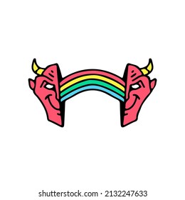 Two half of demon face with rainbow inside. Illustration for street wear, t shirt, poster, logo, sticker, or apparel merchandise. Retro and pop art style.