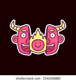 Two half of devil head with fireball inside, illustration for t-shirt, street wear, sticker, or apparel merchandise. With doodle, retro, and cartoon style.