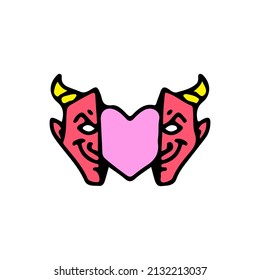 Two half of devil head with heart inside. Illustration for street wear, t shirt, poster, logo, sticker, or apparel merchandise. Retro and pop art style.