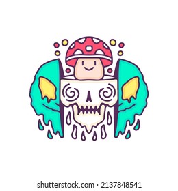 Two half of distorted alien head with skull and amanita mushroom inside, illustration for t-shirt, street wear, sticker, or apparel merchandise. With doodle, retro, and cartoon style.