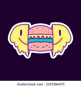 Two half of distorted emoji face with burger inside, illustration for t-shirt, sticker, or apparel merchandise. With modern pop and retro style.