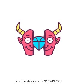 Two half of evil head with diamond inside, illustration for t-shirt, street wear, sticker, or apparel merchandise. With doodle, retro, and cartoon style.