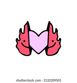 Two half of fire with heart inside. Illustration for street wear, t shirt, poster, logo, sticker, or apparel merchandise. Retro and pop art style.