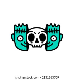Two half of Frankenstein face with skull head inside. Illustration for t shirt, poster, logo, sticker, or apparel merchandise.