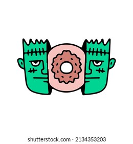 Two half of Frankenstein head with chocolate donut inside, illustration for t-shirt, street wear, sticker, or apparel merchandise. With doodle, retro, and cartoon style.