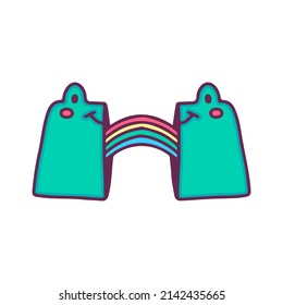 Two half of frog head with rainbow inside, illustration for t-shirt, street wear, sticker, or apparel merchandise. With doodle, retro, and cartoon style.