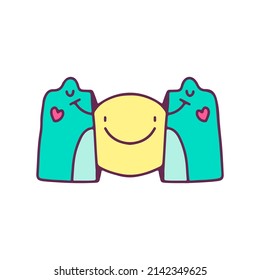 Two half of frog head with smile face inside, illustration for t-shirt, street wear, sticker, or apparel merchandise. With doodle, retro, and cartoon style.