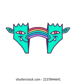 Two half of funny goblin head with rainbow inside, illustration for t-shirt, street wear, sticker, or apparel merchandise. With doodle, retro, and cartoon style.