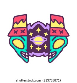 Two half of hip hop alien head with planet inside, illustration for t-shirt, street wear, sticker, or apparel merchandise. With doodle, retro, and cartoon style.