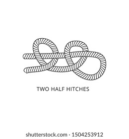 Two half hitches - nautical knot with rope tied into double bend loop, marine string hitch for boat safety, black and white isolated vector illustration on white background