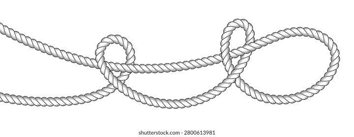 Two half hitches rope knot icon. Marine string continuous line of sailor node. Wavy nautical cord as sailing pattern. Twisted boat loop. Black flat vector illustration isolated on white background.