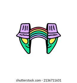 Two Half Of Hype Alien Head Wearing Bucket Hat With Rainbow Inside, Illustration For T-shirt, Street Wear, Sticker, Or Apparel Merchandise. With Doodle, Retro, And Cartoon Style.