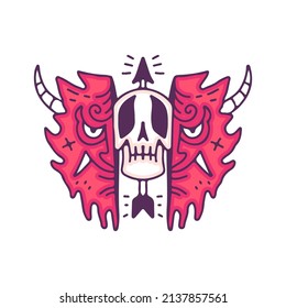 Two half of Japanese devil head with skull inside, illustration for t-shirt, street wear, sticker, or apparel merchandise. With doodle, retro, and cartoon style.