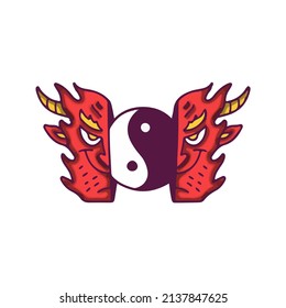 Two half of Japanese red devil head with yin yang symbol inside, illustration for t-shirt, street wear, sticker, or apparel merchandise. With doodle, retro, and cartoon style.