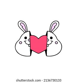 Two half of lovely bunny head with heart inside, illustration for t-shirt, street wear, sticker, or apparel merchandise. With doodle, retro, and cartoon style.