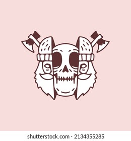 Two half of lumberjack head with skull inside, illustration for t-shirt, street wear, sticker, or apparel merchandise. With doodle, retro, and cartoon style.