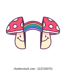 Two half of magic mushroom with rainbow inside, illustration for t-shirt, street wear, sticker, or apparel merchandise. With doodle, retro, and cartoon style.