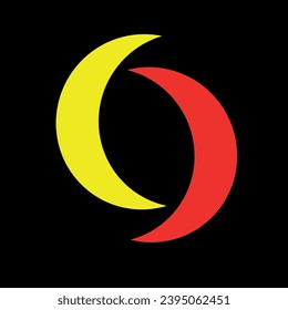 two half moons in yellow and red in front of the background