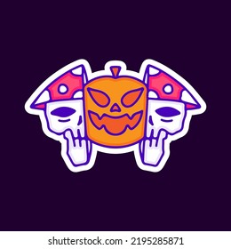 Two half of mushroom skull head with pumpkin monster inside, illustration for t-shirt, sticker, or apparel merchandise. With modern pop and vintage style.