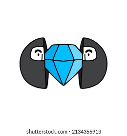 Two half of ninja head with diamond inside, illustration for t-shirt, street wear, sticker, or apparel merchandise. With doodle, retro, and cartoon style.