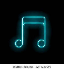 Two half notes. Music player icon in neon style. Playlist icon. Online music icon. Musical notes are blue color. Music library. Vector illustration. Eps 10. Dark background.