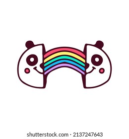 Two half of panda bear head with rainbow inside, illustration for t-shirt, street wear, sticker, or apparel merchandise. With doodle, retro, and cartoon style.