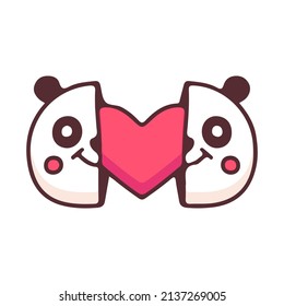 Two half of panda bear with heart inside, illustration for t-shirt, street wear, sticker, or apparel merchandise. With doodle, retro, and cartoon style.