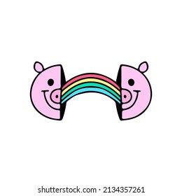 Two half of pig head with rainbow inside, illustration for t-shirt, street wear, sticker, or apparel merchandise. With doodle, retro, and cartoon style.