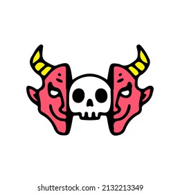 Two half of red devil head with skull inside. Illustration for street wear, t shirt, poster, logo, sticker, or apparel merchandise. Retro and pop art style.