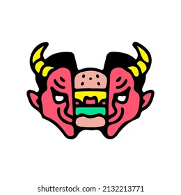 Two half of red devil head with cheeseburger inside. Illustration for street wear, t shirt, poster, logo, sticker, or apparel merchandise. Retro and pop art style.