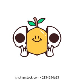 Two half of Skeleton head with lemon inside, illustration for t-shirt, street wear, sticker, or apparel merchandise. With doodle, retro, and cartoon style.