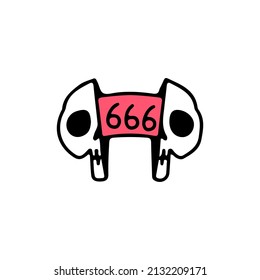 Two half of skull head with 666 sign inside. Illustration for street wear, t shirt, poster, logo, sticker, or apparel merchandise. Retro and pop art style.